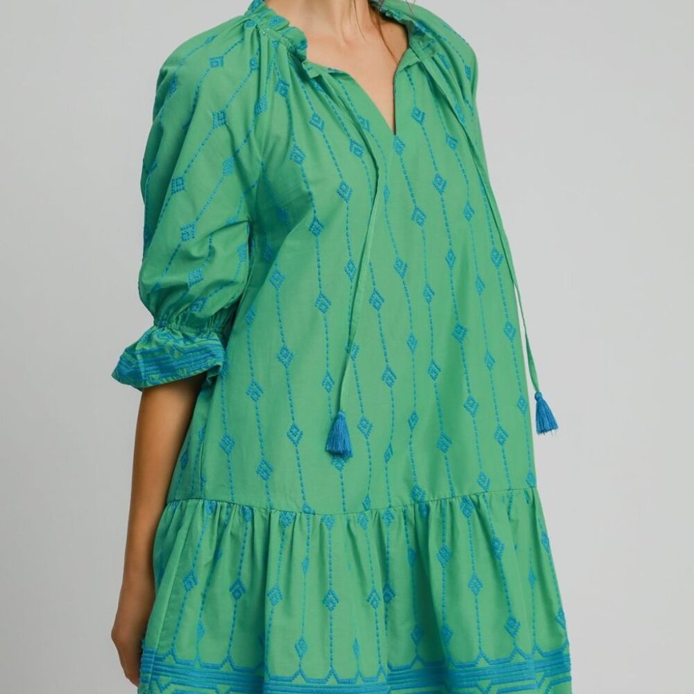 EMBROIDERED TASSEL DETAIL RUFFLE PLEATD HEM V NECK SUMMER WOMEN DRESS CASUAL